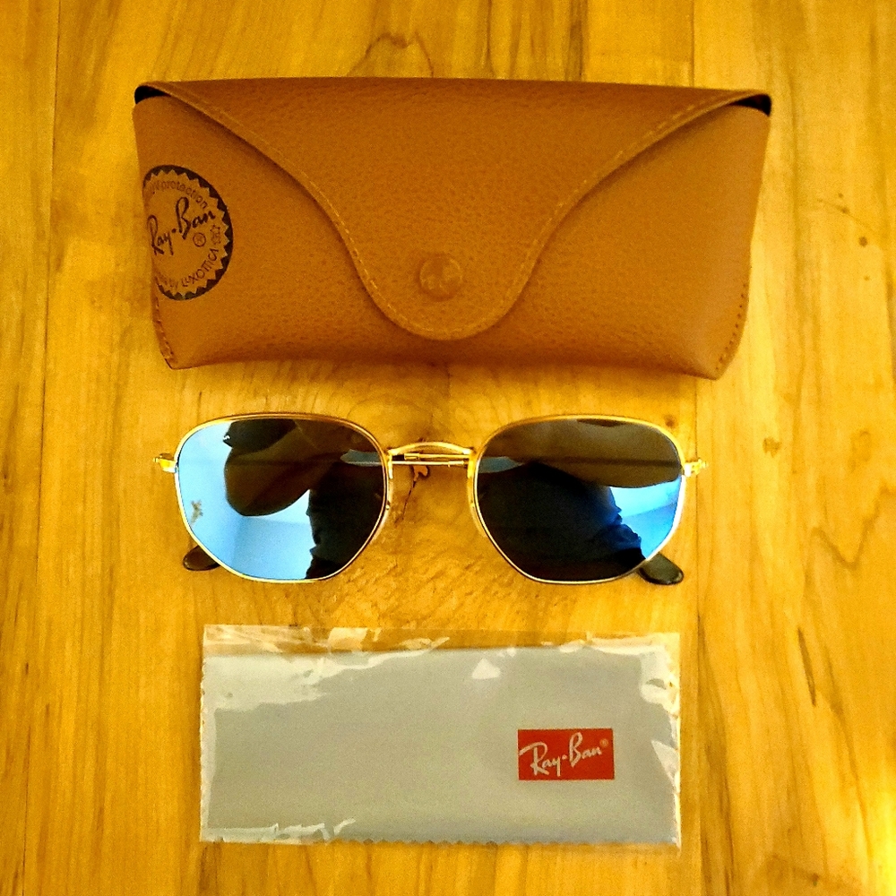 Ray-Ban Hexegonal Flat Sunglasses | RX3548 | Gold with Blue Mirror